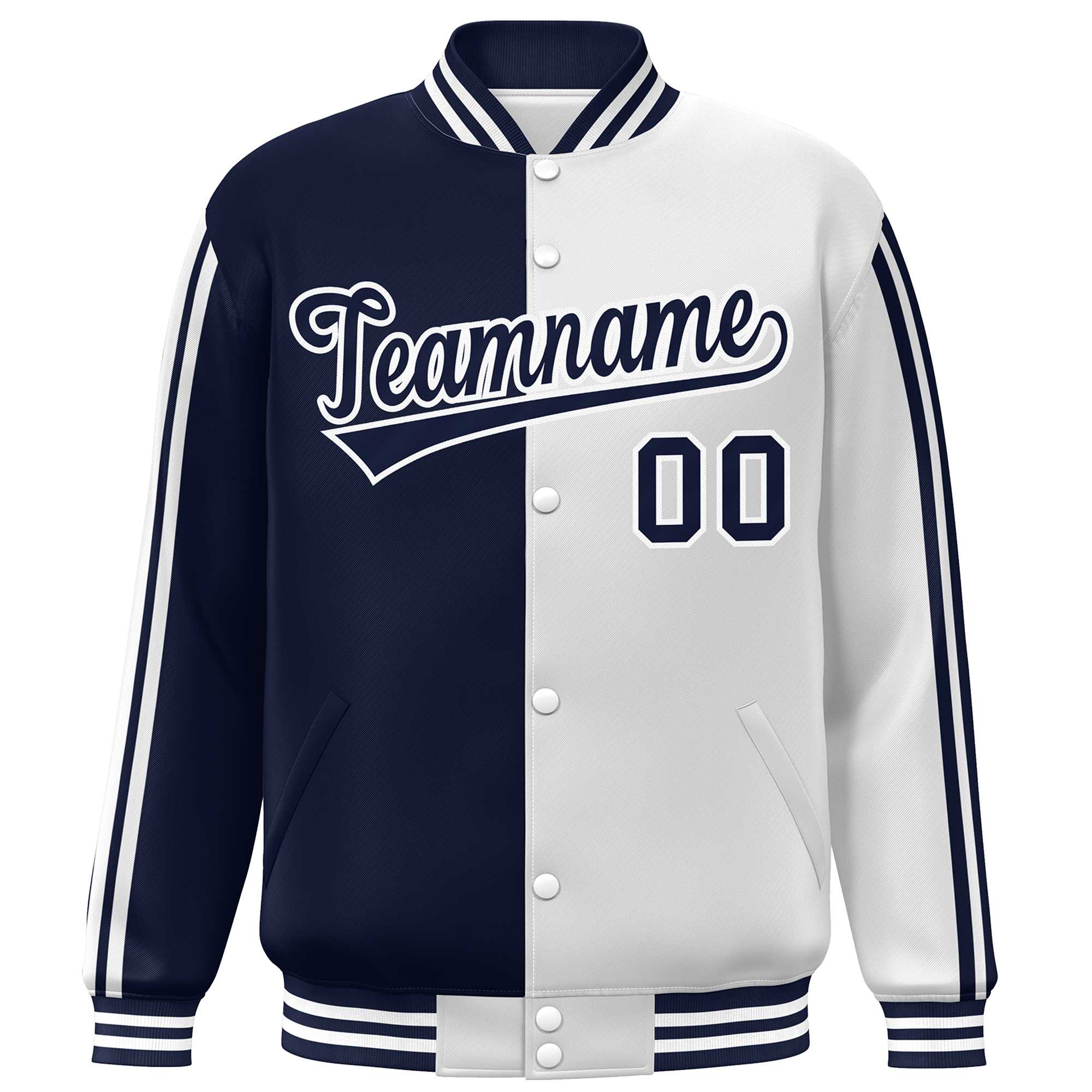 Custom White Navy Two Tone Color Block Bomber Varsity Baseball Jacket