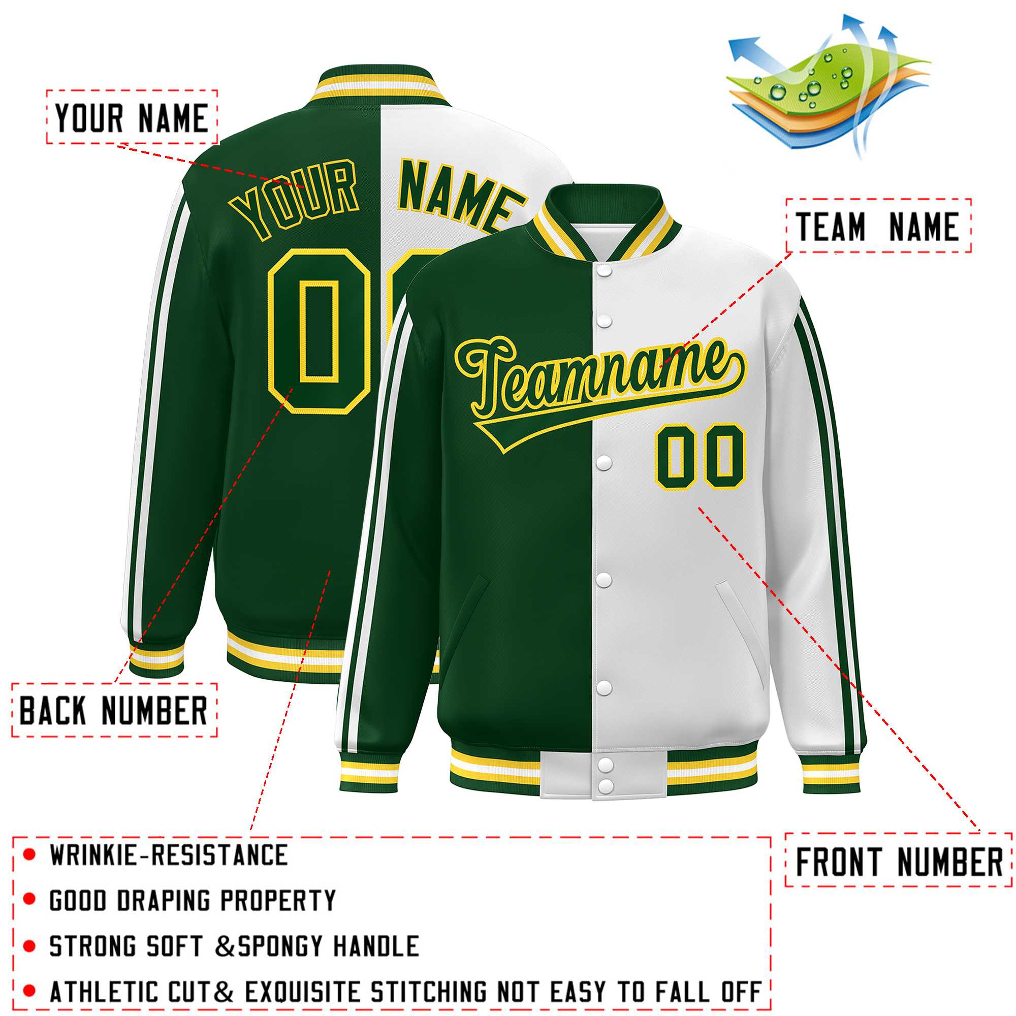 Custom Green White-Yellow Two Tone Color Block Bomber Varsity Baseball Jacket