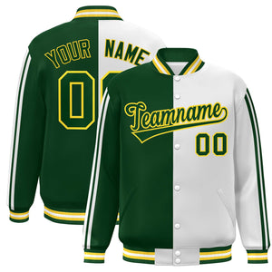 Custom Green White-Yellow Two Tone Color Block Bomber Varsity Baseball Jacket