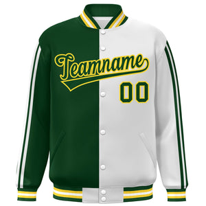 Custom Green White-Yellow Two Tone Color Block Bomber Varsity Baseball Jacket