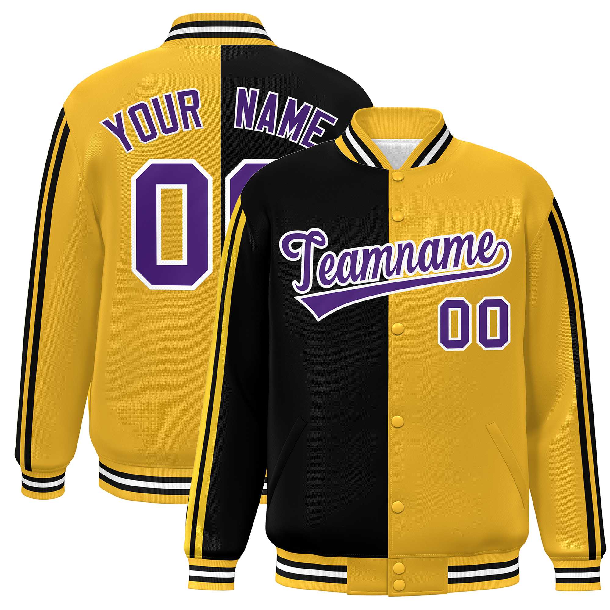 Custom Gold Black-White Two Tone Color Block Bomber Varsity Baseball Jacket