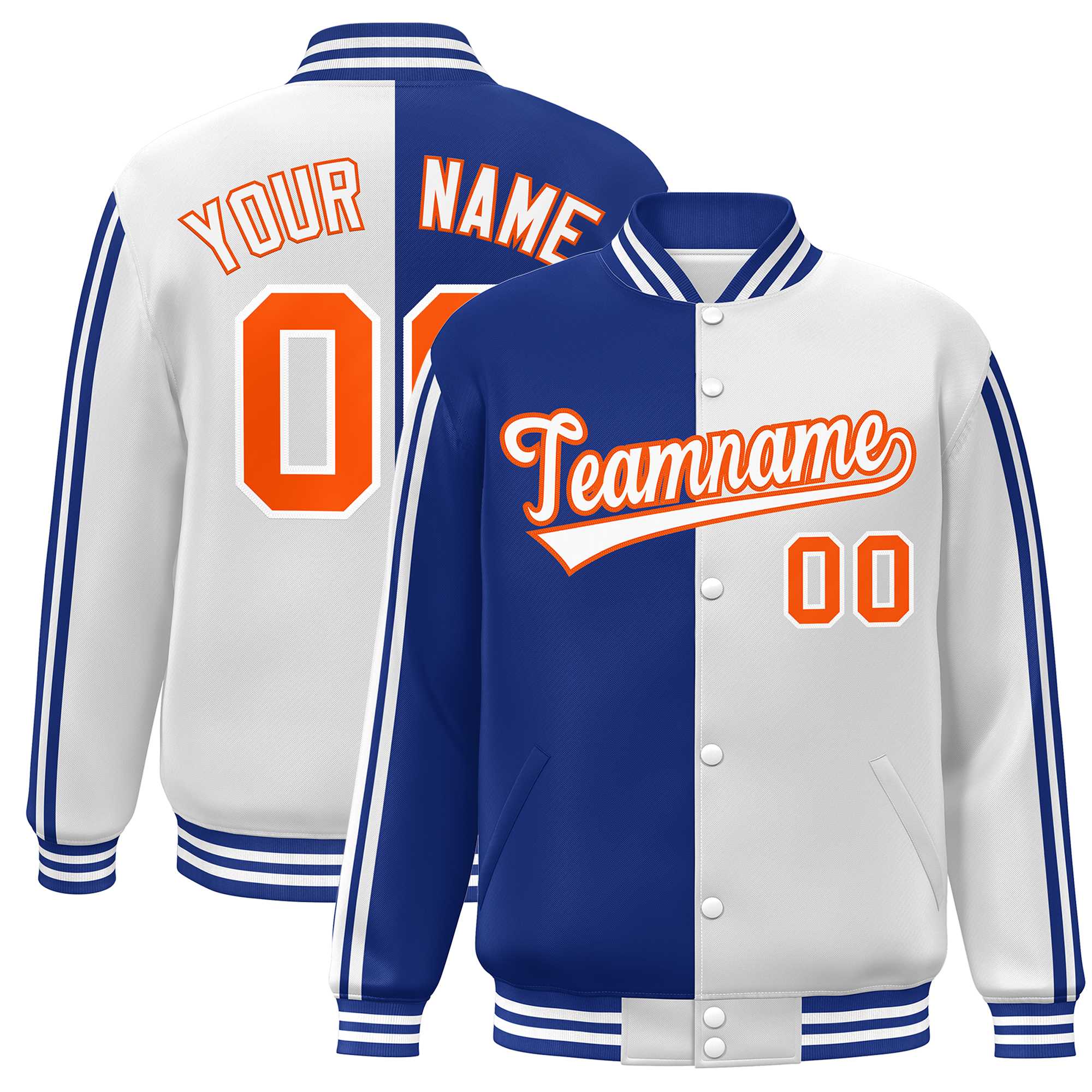 Custom White Royal-Orange Two Tone Color Block Bomber Varsity Baseball Jacket