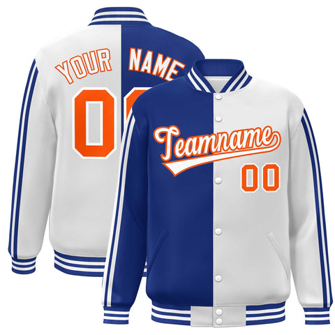 Custom White Royal-Orange Two Tone Color Block Bomber Varsity Baseball Jacket