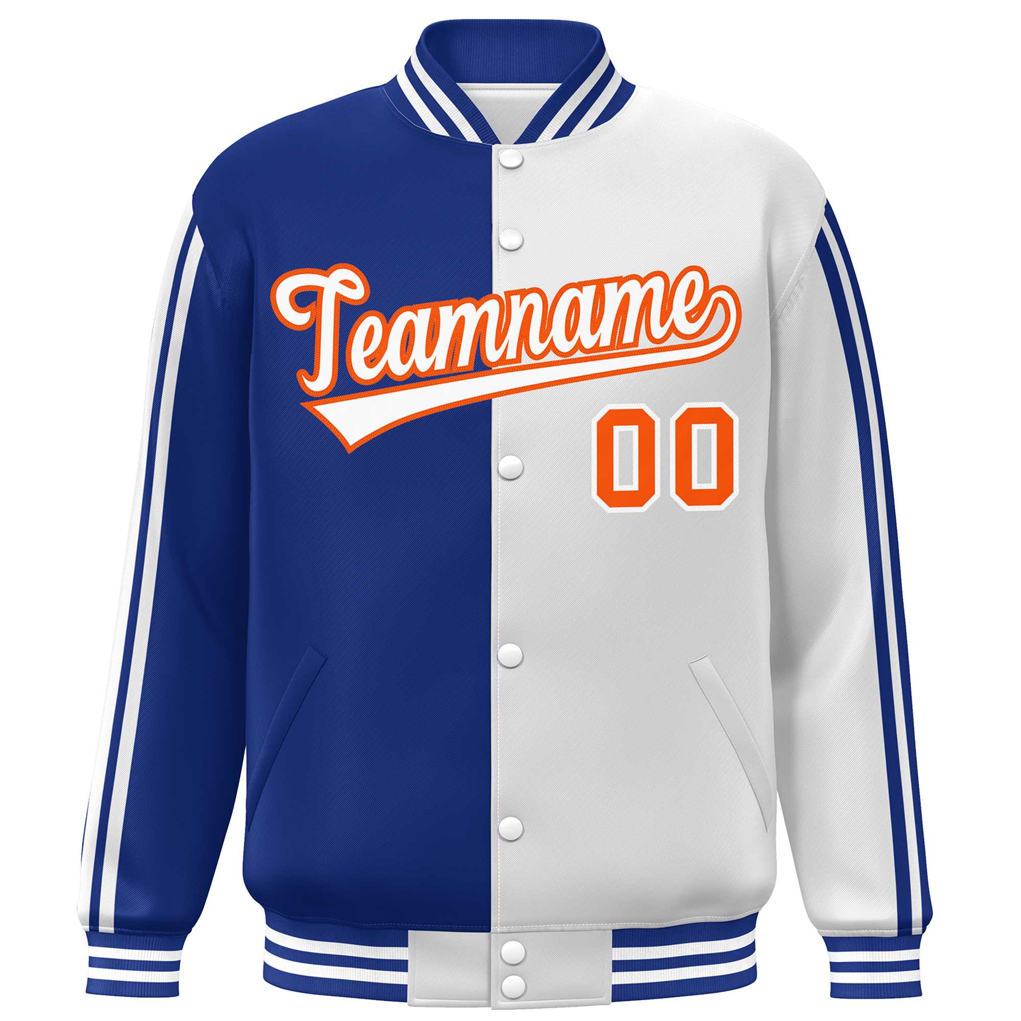 Custom White Royal-Orange Two Tone Color Block Bomber Varsity Baseball Jacket