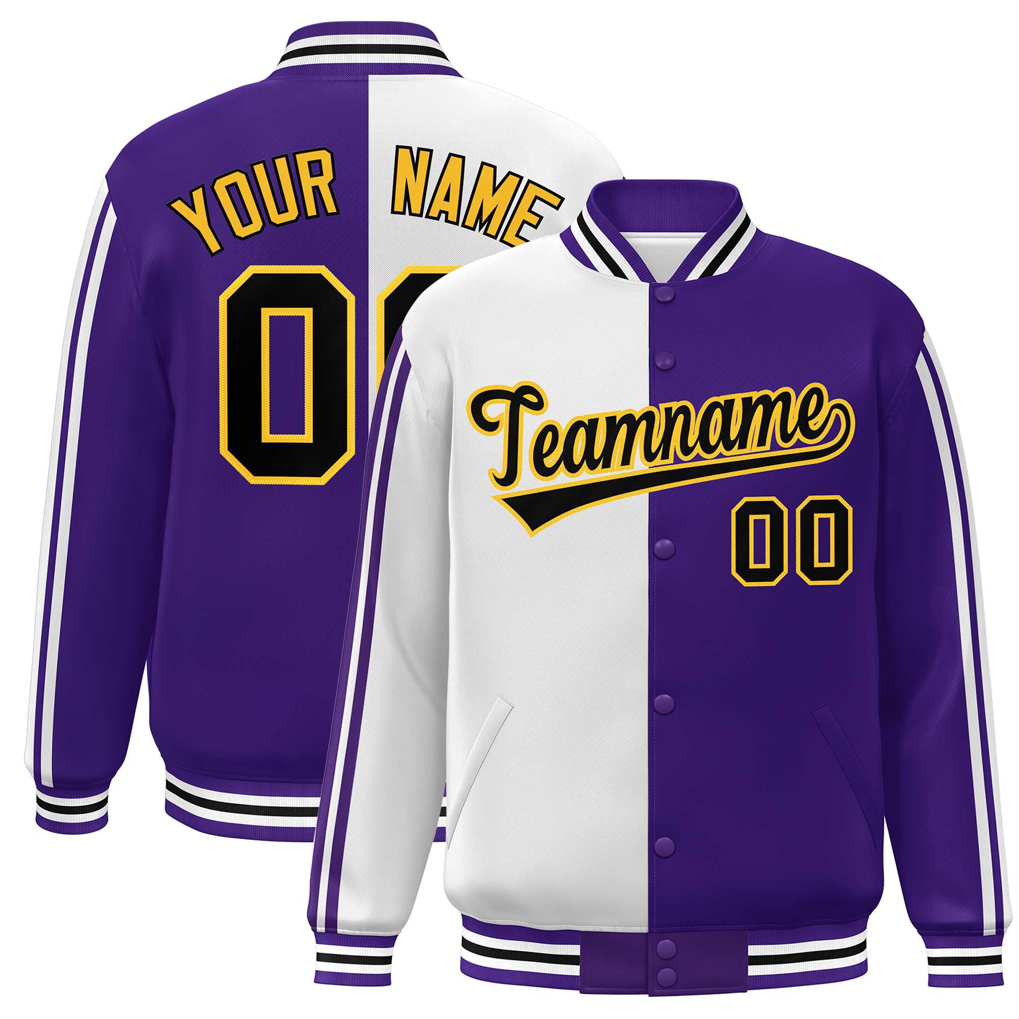 Custom Purple White-Black Two Tone Color Block Bomber Varsity Baseball Jacket