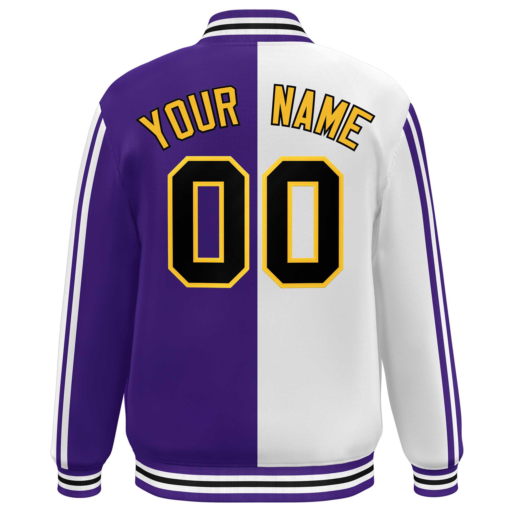 Custom Purple White-Black Two Tone Color Block Bomber Varsity Baseball Jacket