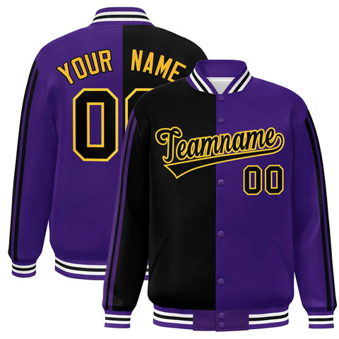 Custom Purple Black-Yellow Two Tone Color Block Bomber Varsity Baseball Jacket