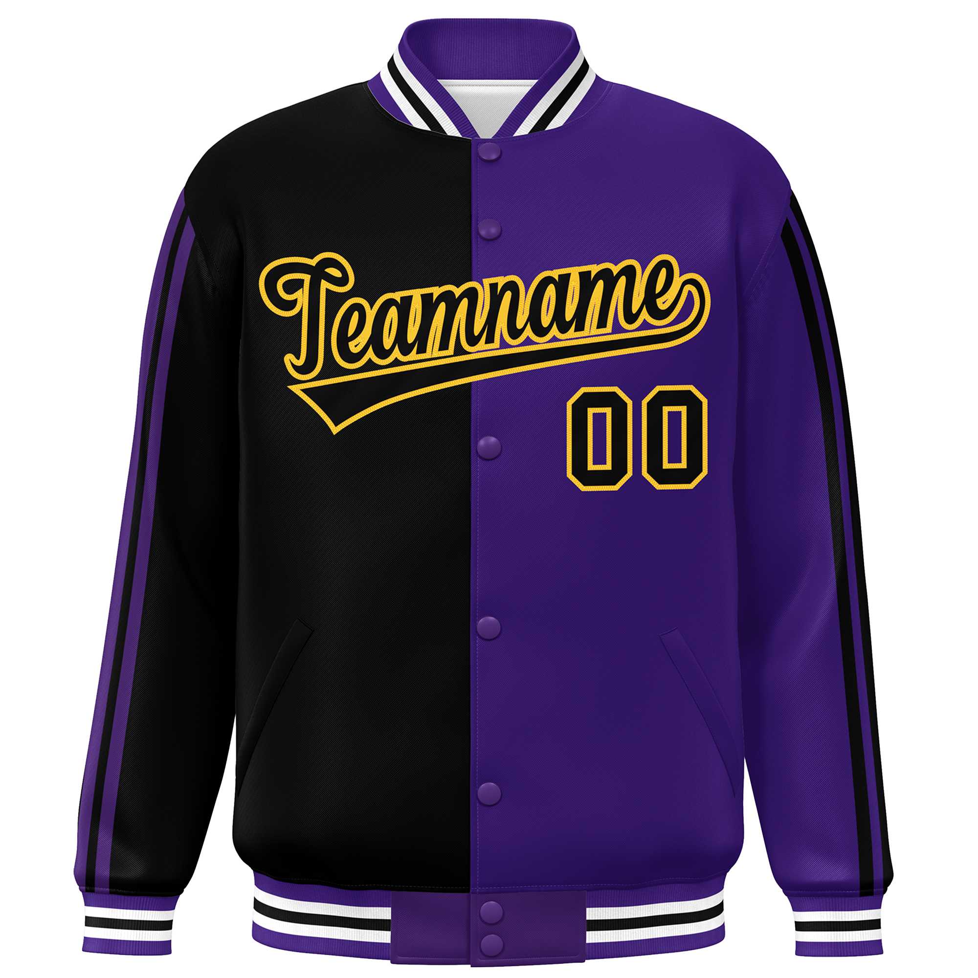 Custom Purple Black-Yellow Two Tone Color Block Bomber Varsity Baseball Jacket