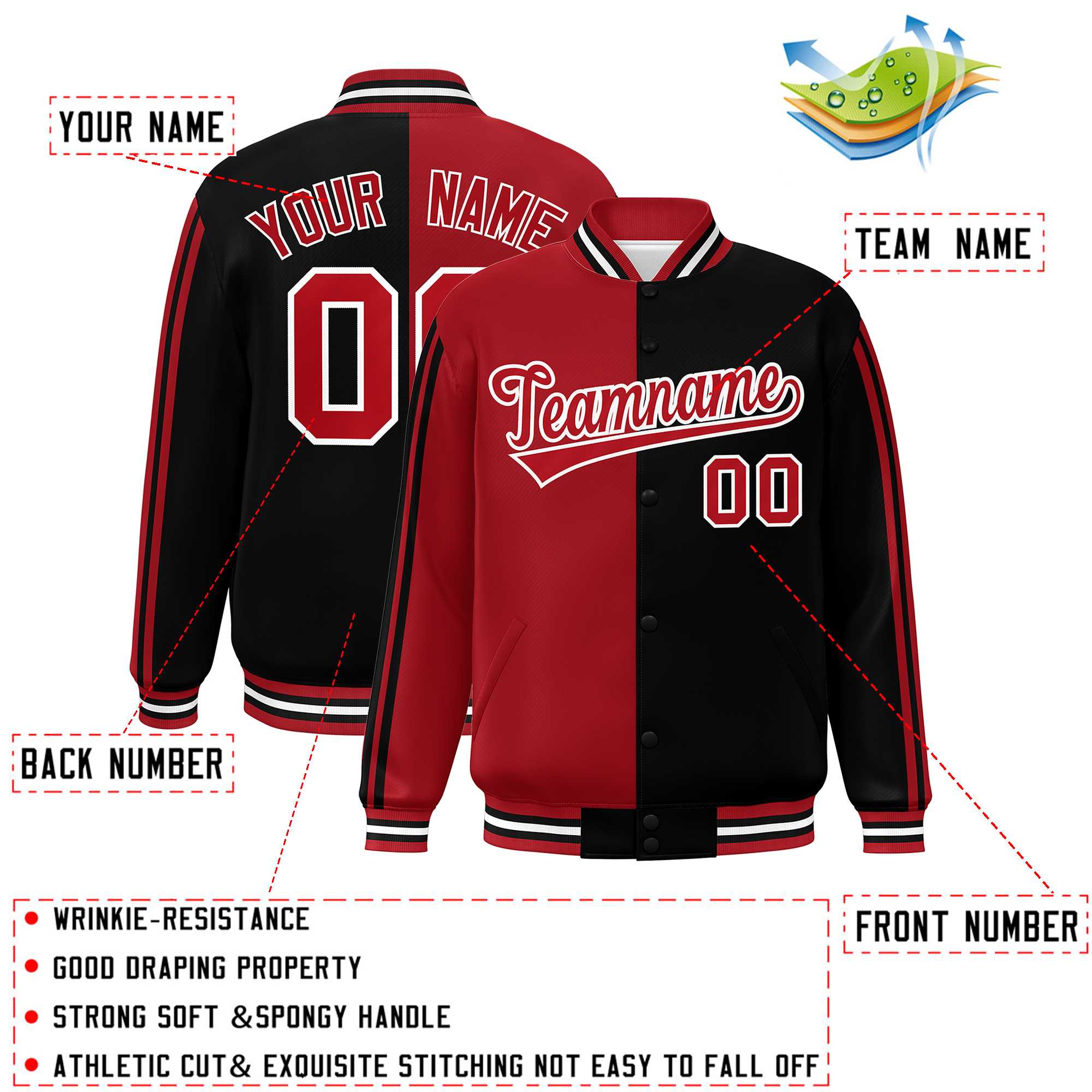 Custom Black Red-White Two Tone Color Block Bomber Varsity Baseball Jacket