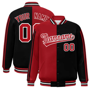 Custom Black Red-White Two Tone Color Block Bomber Varsity Baseball Jacket