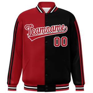 Custom Black Red-White Two Tone Color Block Bomber Varsity Baseball Jacket