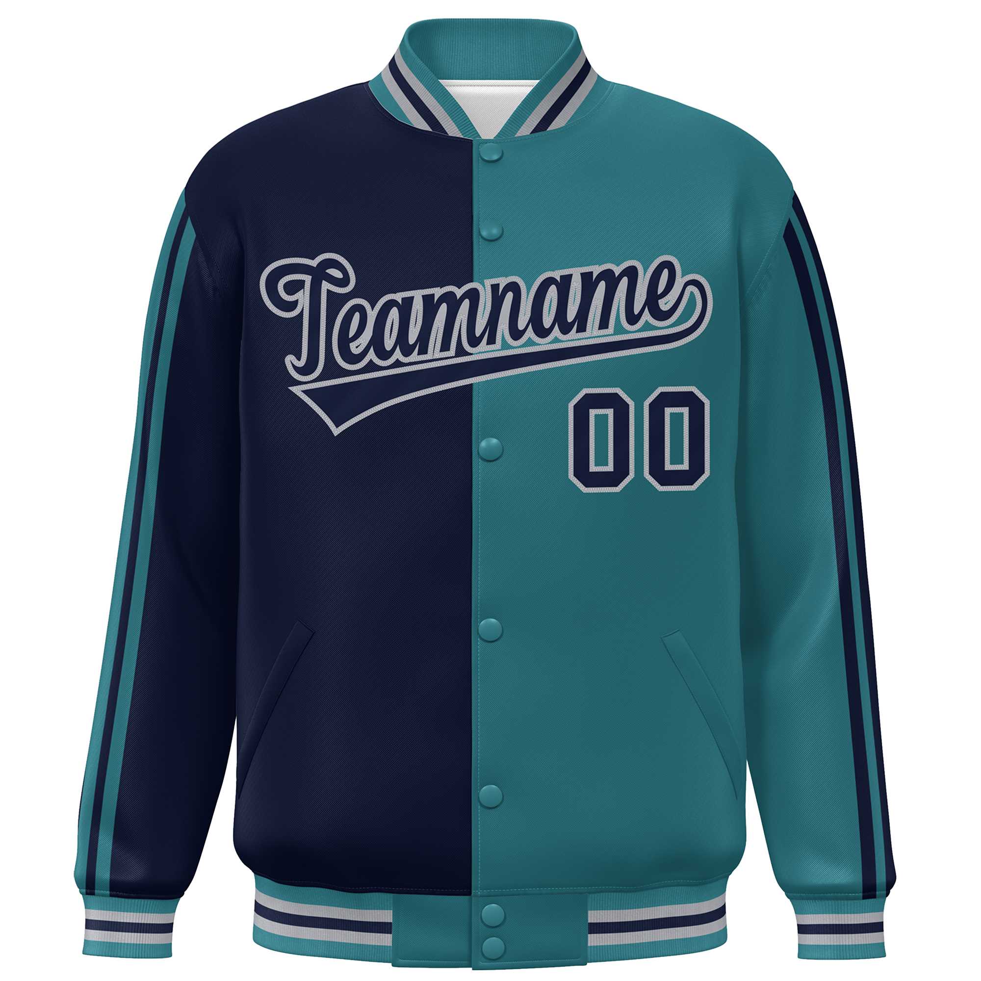 Custom Aqua Navy-Gray Two Tone Color Block Bomber Varsity Baseball Jacket