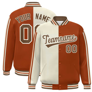 Custom Orange Khaki Two Tone Color Block Bomber Varsity Baseball Jacket