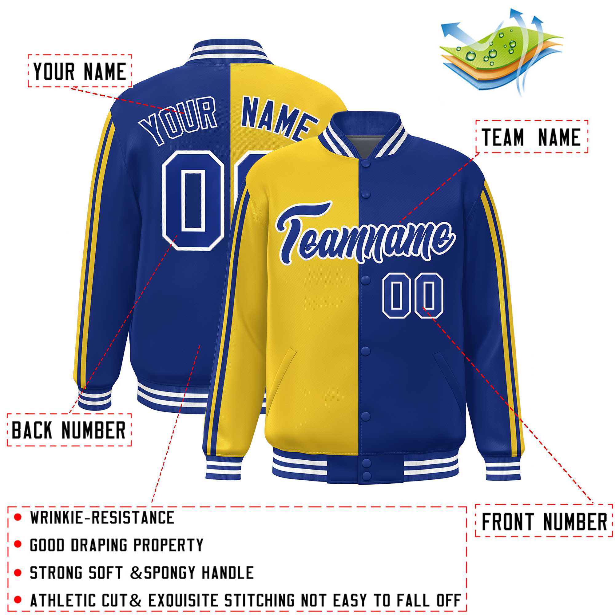 Custom Royal Gold Two Tone Color Block Bomber Varsity Baseball Jacket