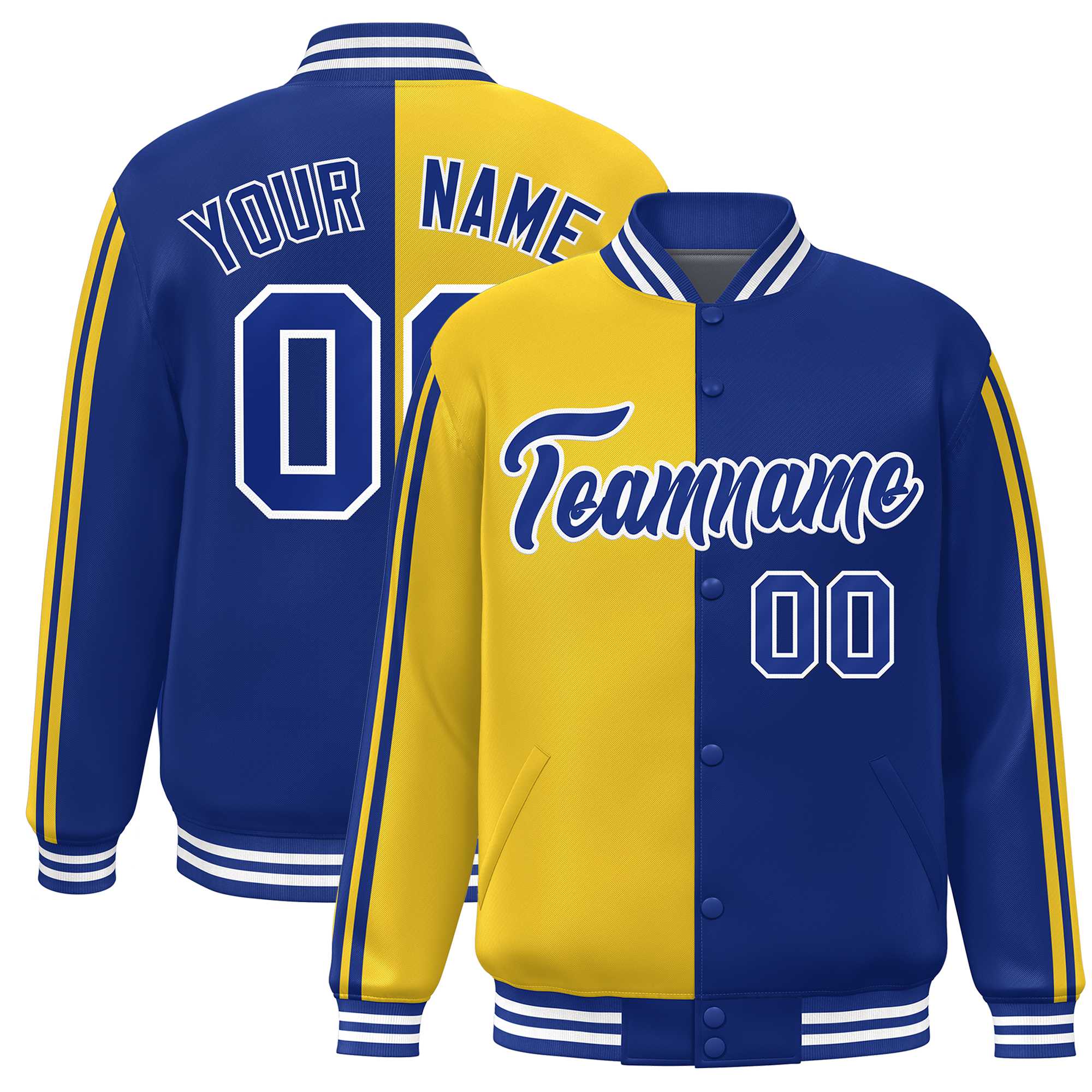 Custom Royal Gold Two Tone Color Block Bomber Varsity Baseball Jacket