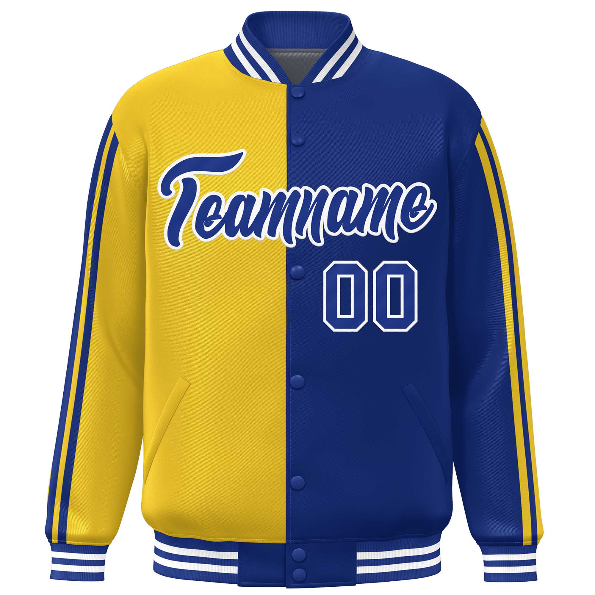 Custom Royal Gold Two Tone Color Block Bomber Varsity Baseball Jacket