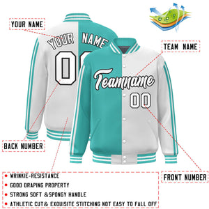 Custom White Aqua Two Tone Color Block Bomber Varsity Baseball Jacket