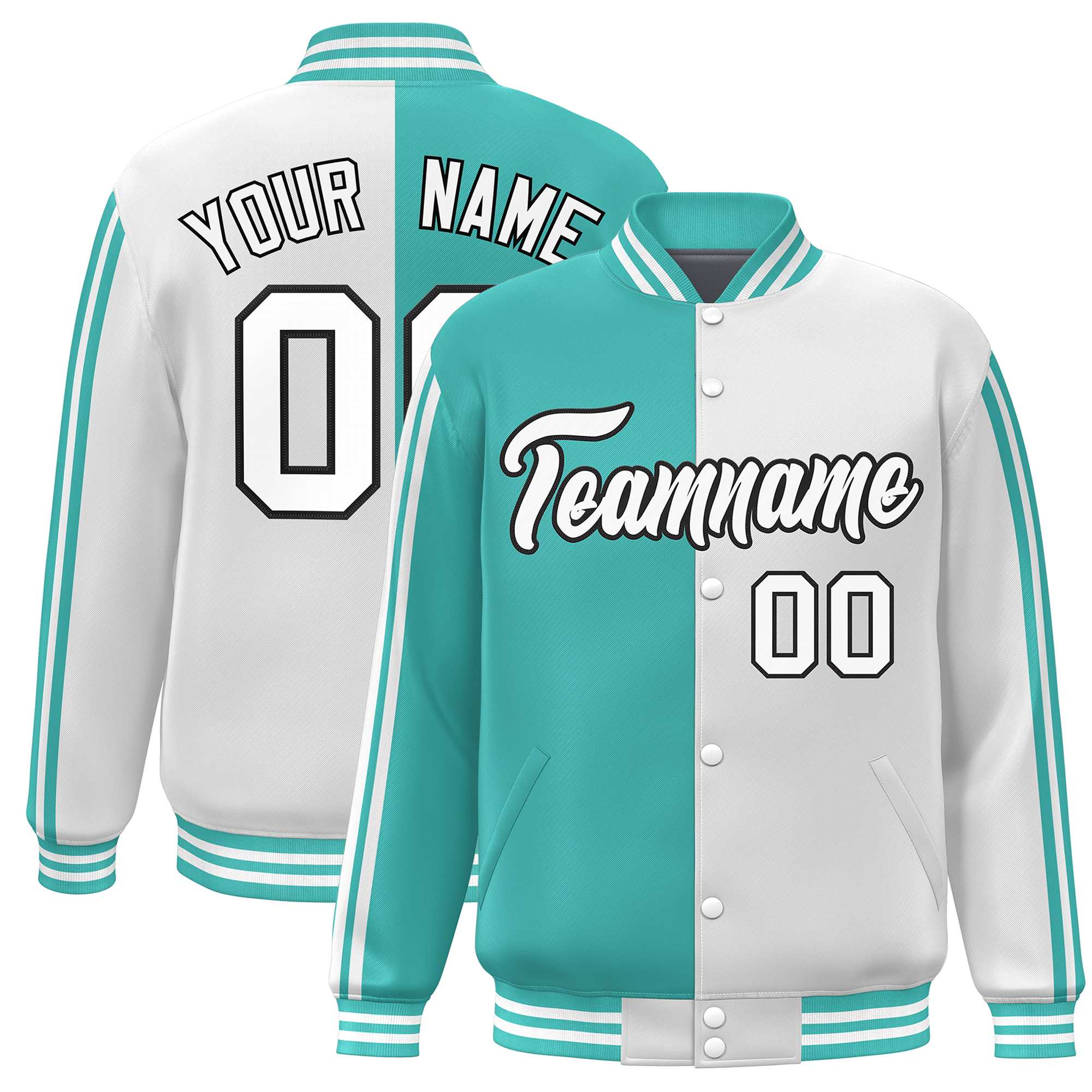 Custom White Aqua Two Tone Color Block Bomber Varsity Baseball Jacket