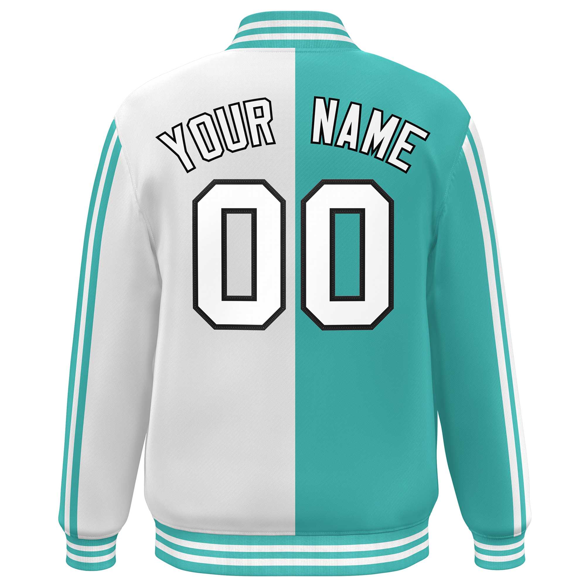 Custom White Aqua Two Tone Color Block Bomber Varsity Baseball Jacket