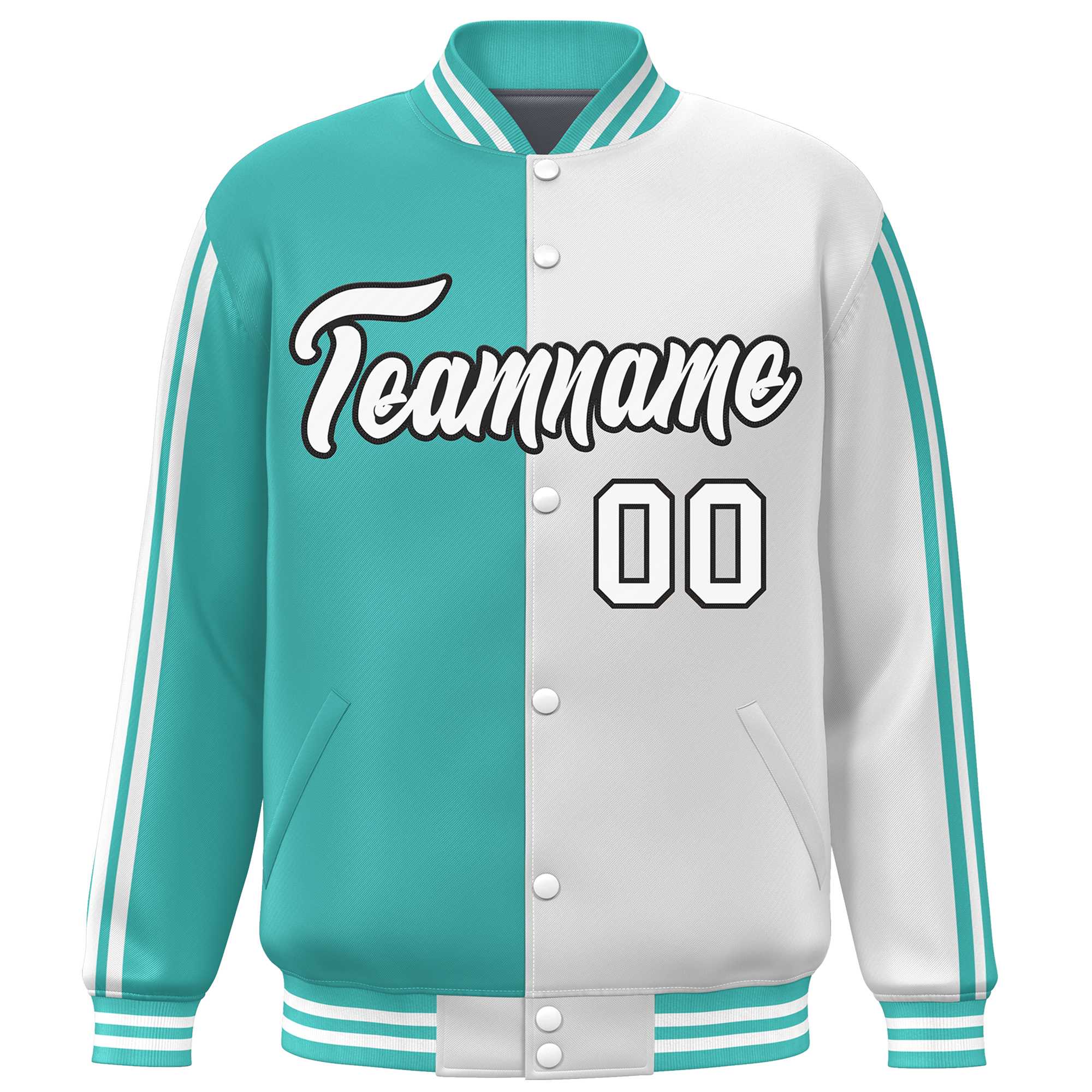 Custom White Aqua Two Tone Color Block Bomber Varsity Baseball Jacket