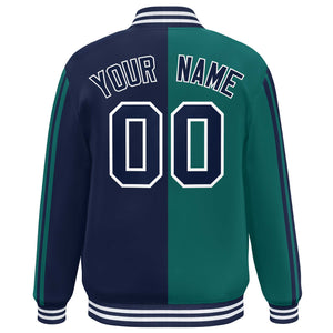 Custom Navy Aqua Two Tone Color Block Bomber Varsity Baseball Jacket