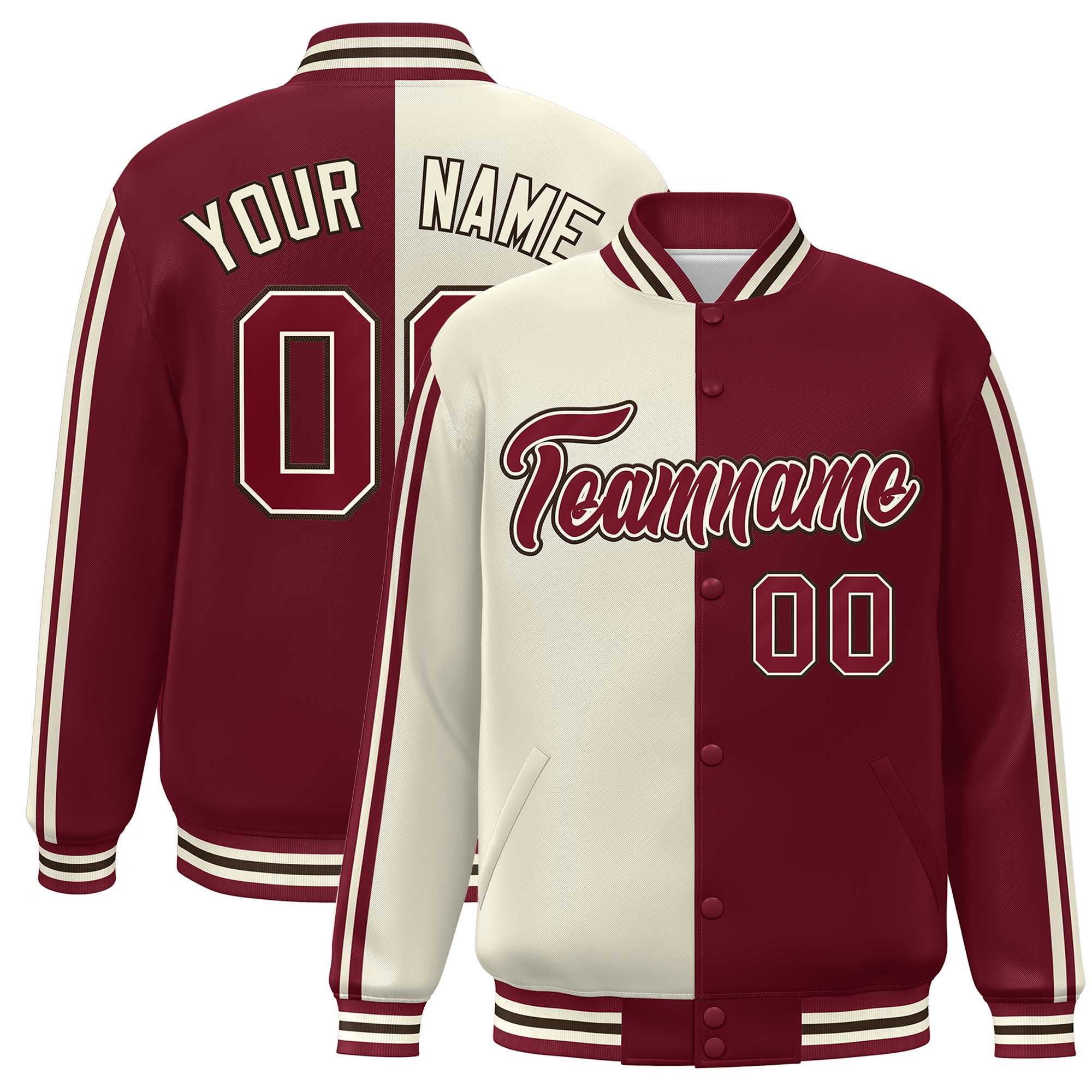 Custom Crimson Cream Two Tone Color Block Bomber Varsity Baseball Jacket