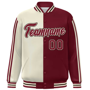 Custom Crimson Cream Two Tone Color Block Bomber Varsity Baseball Jacket