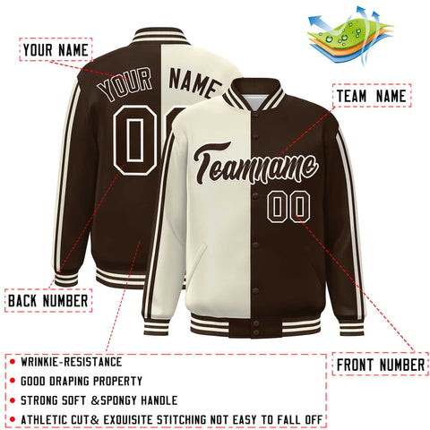 Custom Brown Cream Two Tone Color Block Bomber Varsity Baseball Jacket