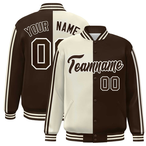 Custom Brown Cream Two Tone Color Block Bomber Varsity Baseball Jacket
