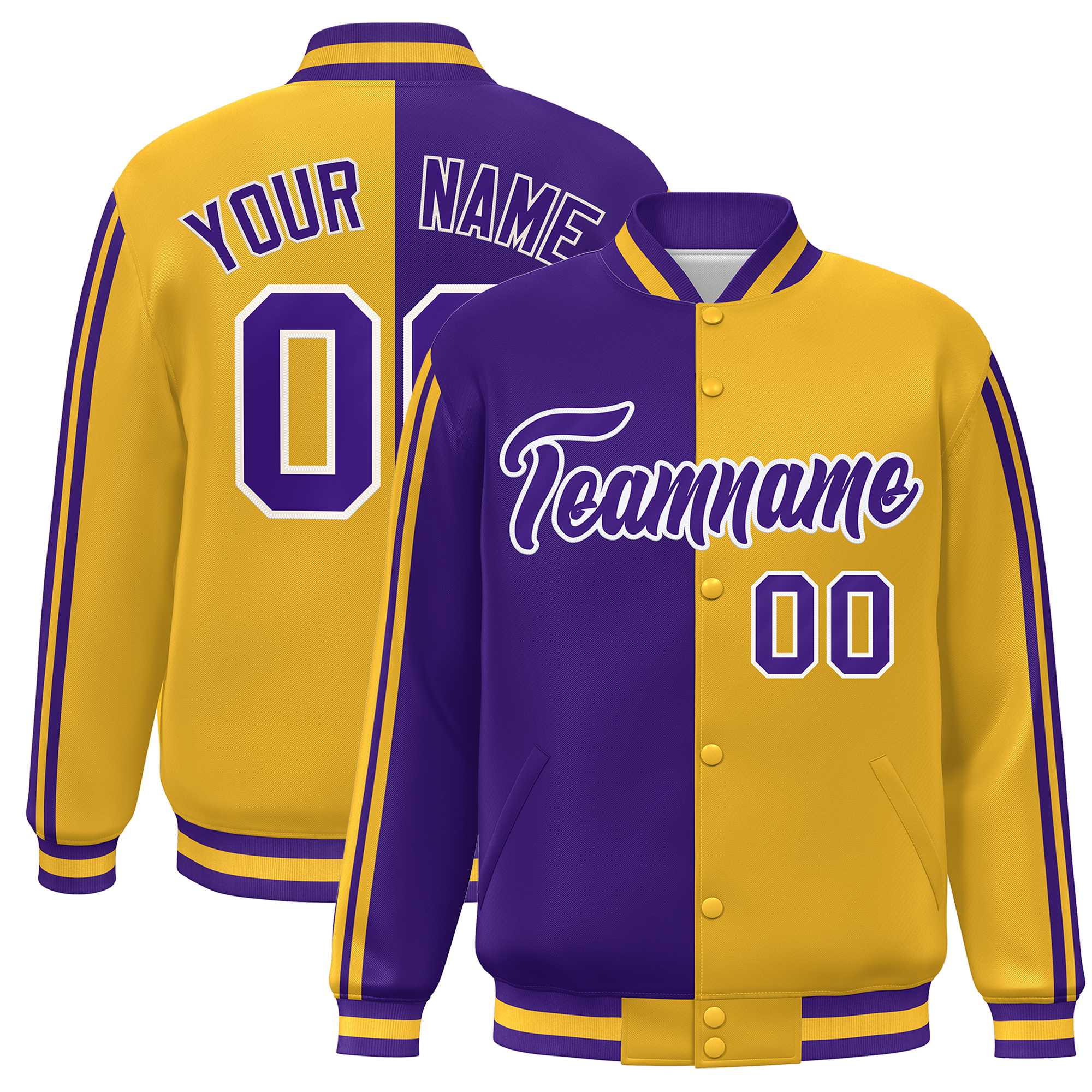 Custom Gold Purple-White Two Tone Color Block Bomber Varsity Baseball Jacket