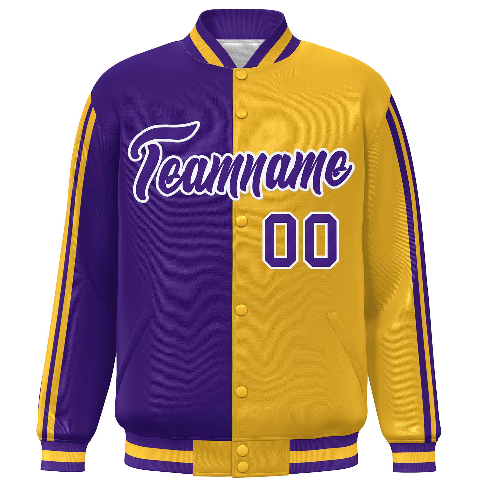 Custom Gold Purple-White Two Tone Color Block Bomber Varsity Baseball Jacket