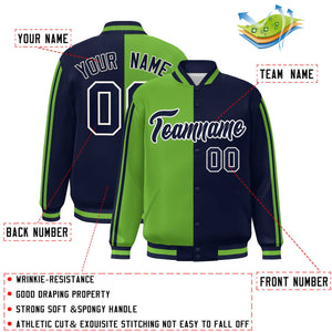 Custom Navy Neon Green-White Two Tone Color Block Bomber Varsity Baseball Jacket