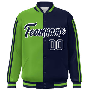 Custom Navy Neon Green-White Two Tone Color Block Bomber Varsity Baseball Jacket