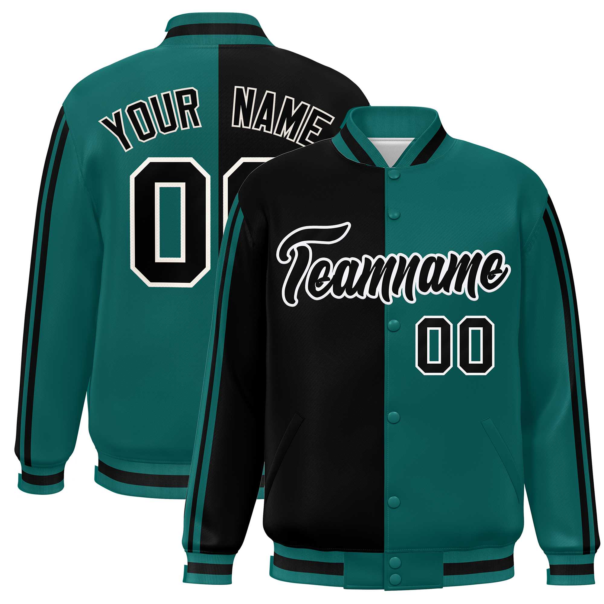 Custom Aqua Black-White Two Tone Color Block Bomber Varsity Baseball Jacket