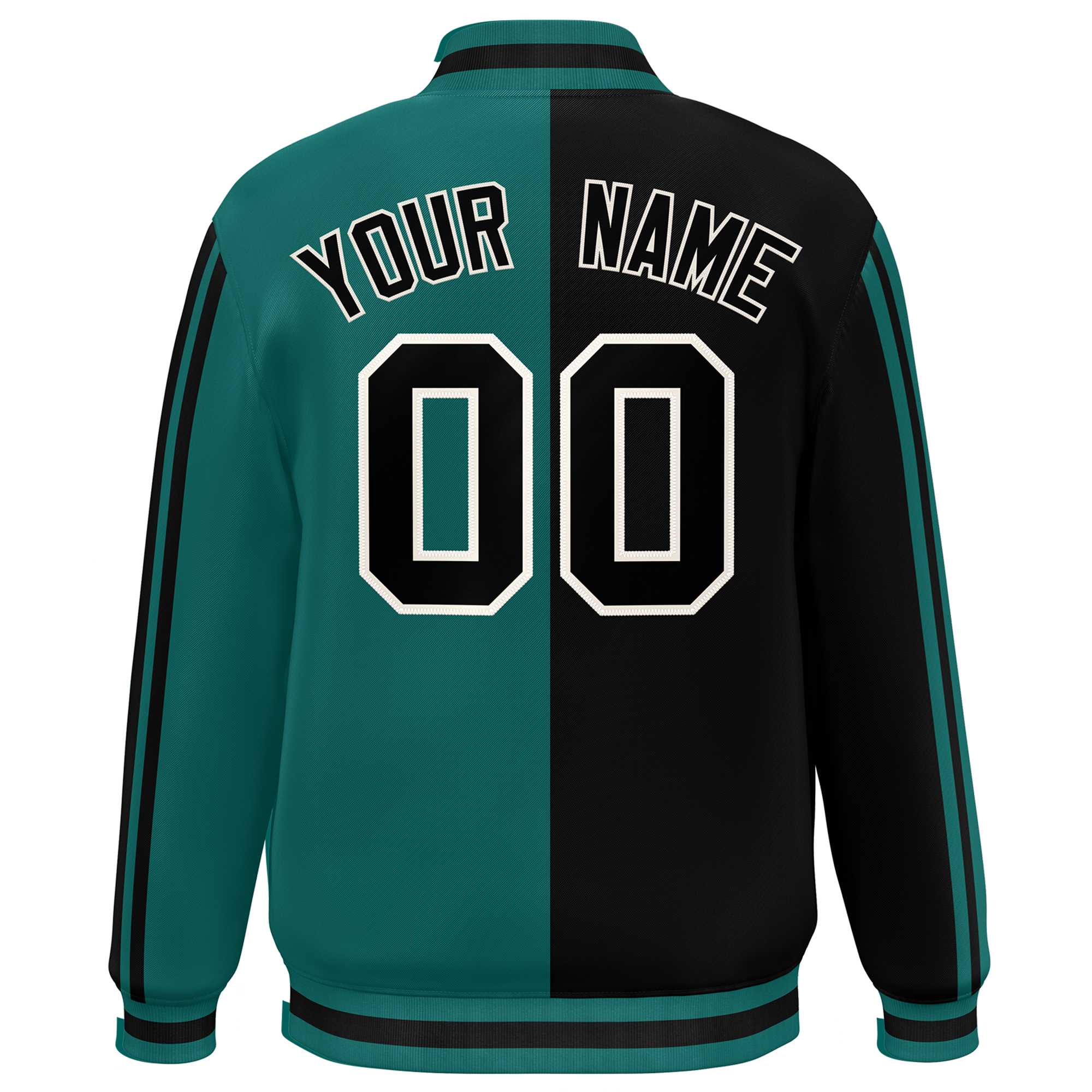 Custom Aqua Black-White Two Tone Color Block Bomber Varsity Baseball Jacket