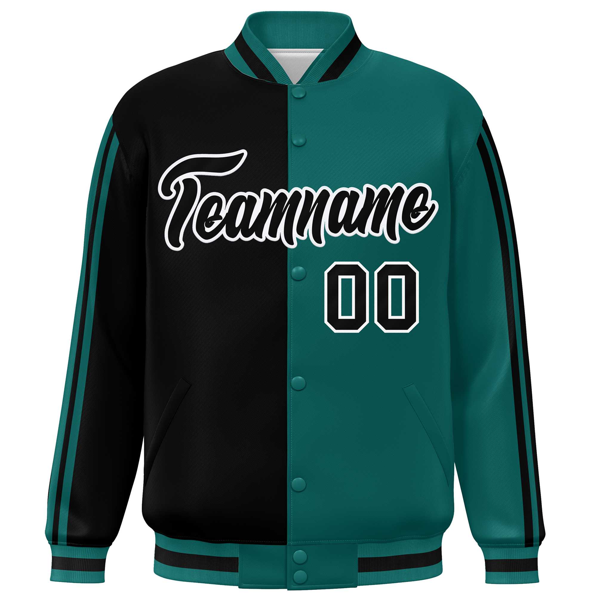 Custom Aqua Black-White Two Tone Color Block Bomber Varsity Baseball Jacket