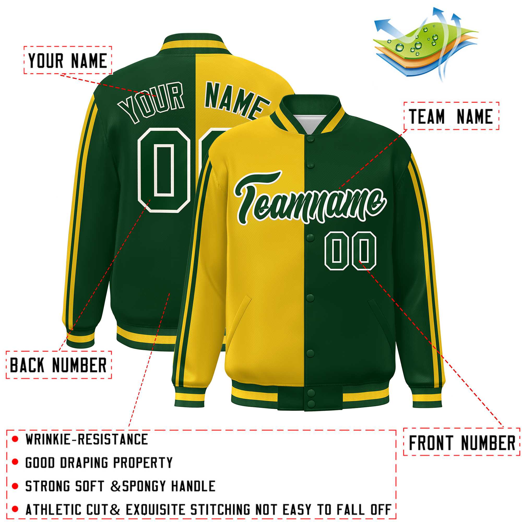 Custom Kelly Green Gold-White Two Tone Color Block Bomber Varsity Baseball Jacket