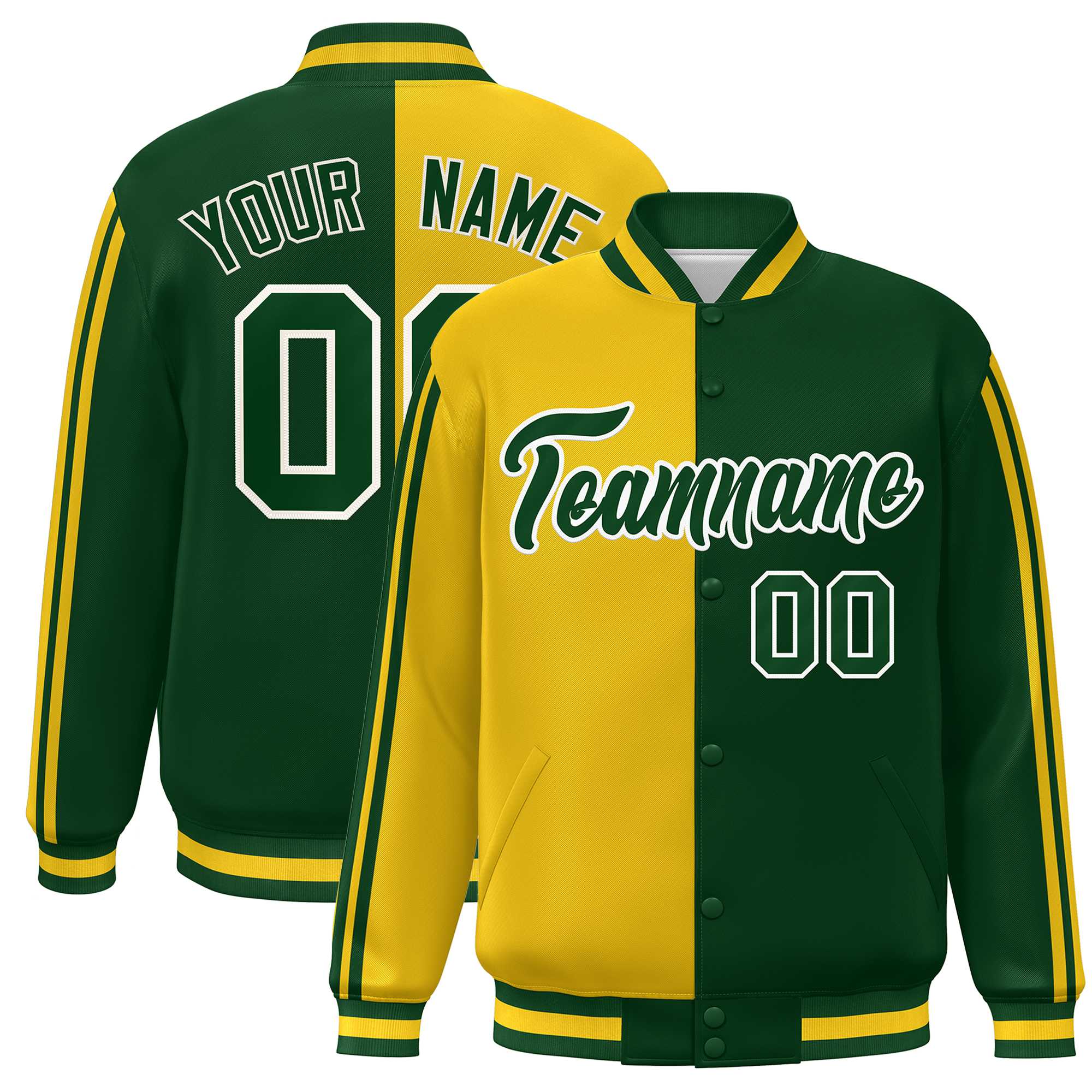 Custom Kelly Green Gold-White Two Tone Color Block Bomber Varsity Baseball Jacket