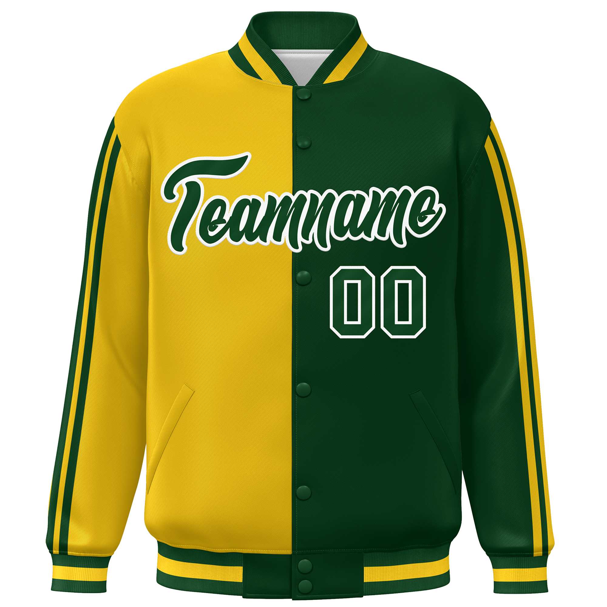 Custom Kelly Green Gold-White Two Tone Color Block Bomber Varsity Baseball Jacket