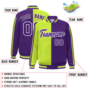 Custom Purple Neon Green-White Two Tone Color Block Bomber Varsity Baseball Jacket