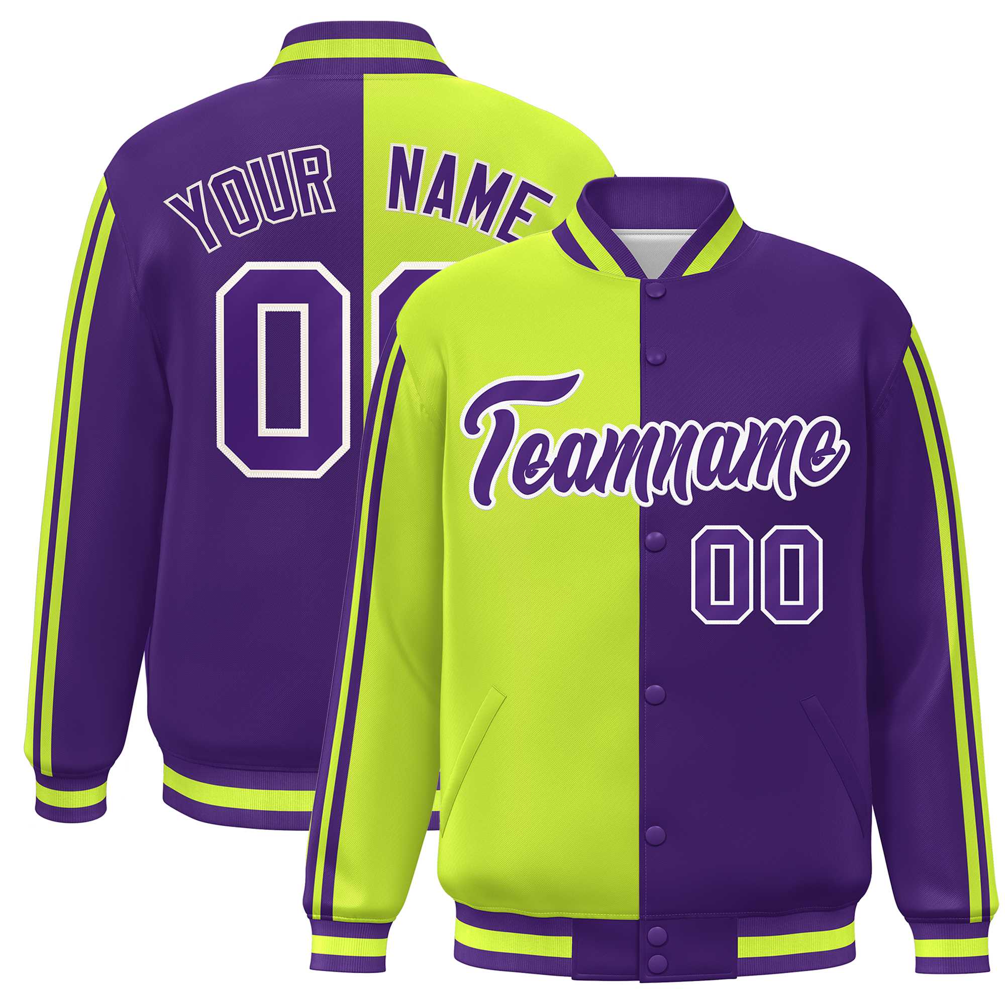 Custom Purple Neon Green-White Two Tone Color Block Bomber Varsity Baseball Jacket