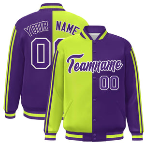 Custom Purple Neon Green-White Two Tone Color Block Bomber Varsity Baseball Jacket