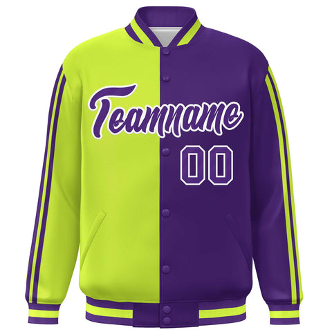 Custom Purple Neon Green-White Two Tone Color Block Bomber Varsity Baseball Jacket
