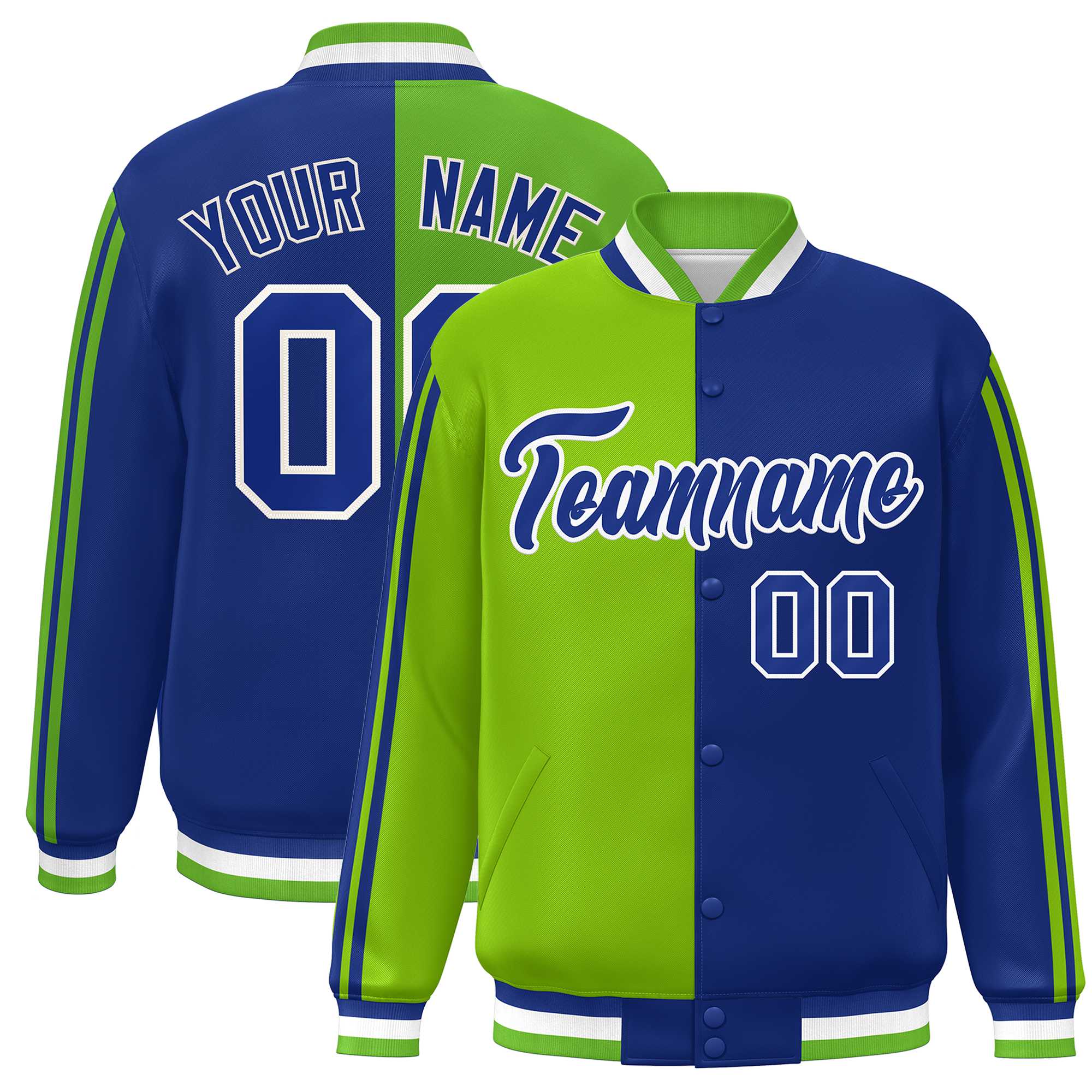 Custom Royal Kelly Green-White Two Tone Color Block Bomber Varsity Baseball Jacket