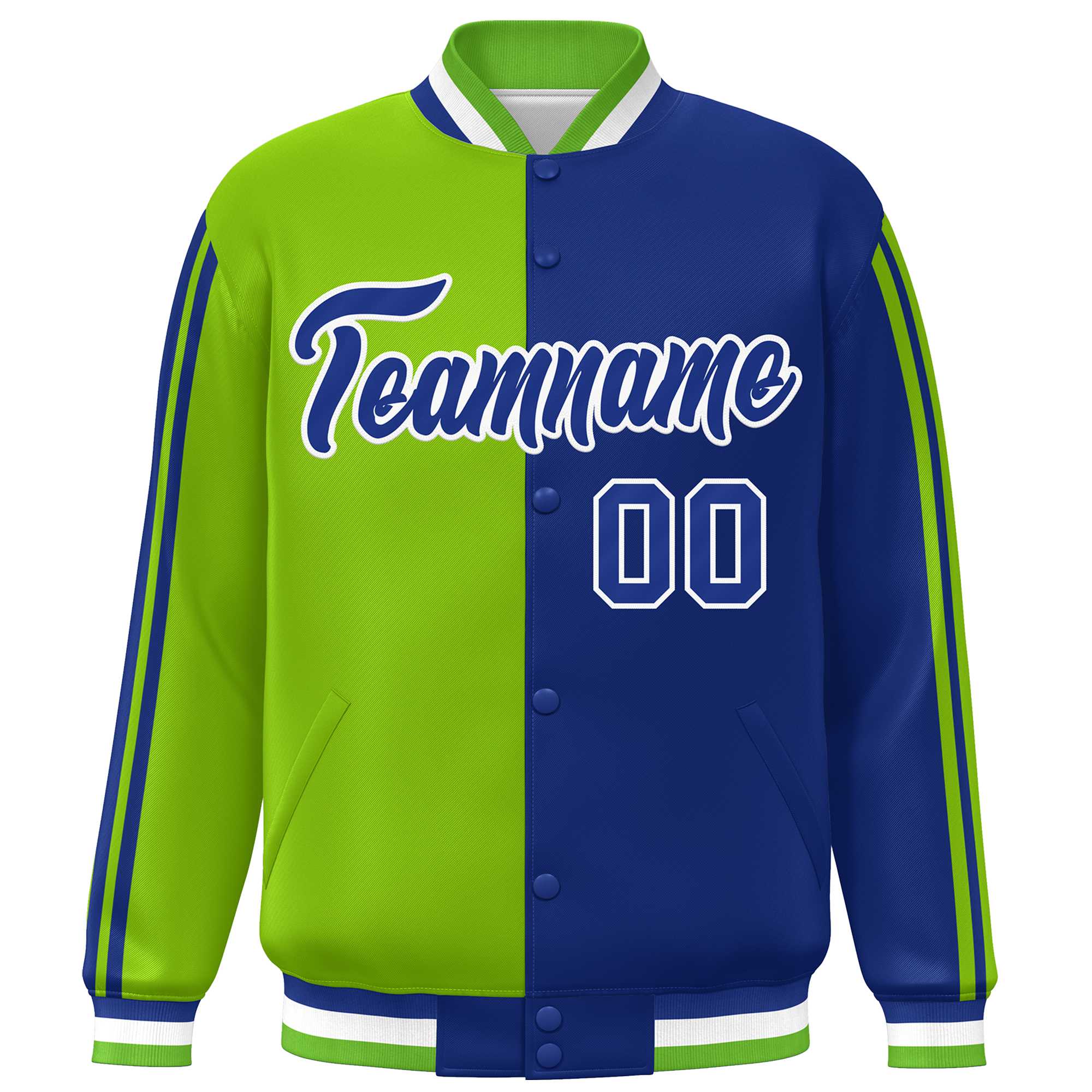 Custom Royal Kelly Green-White Two Tone Color Block Bomber Varsity Baseball Jacket