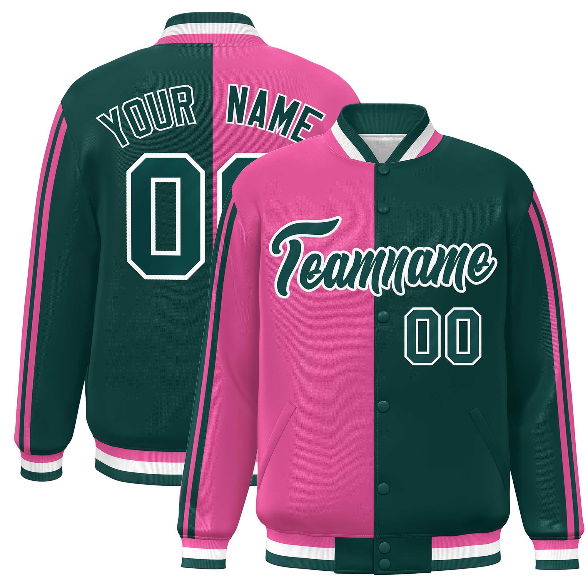 Custom Midnight Green Pink-White Two Tone Color Block Bomber Varsity Baseball Jacket