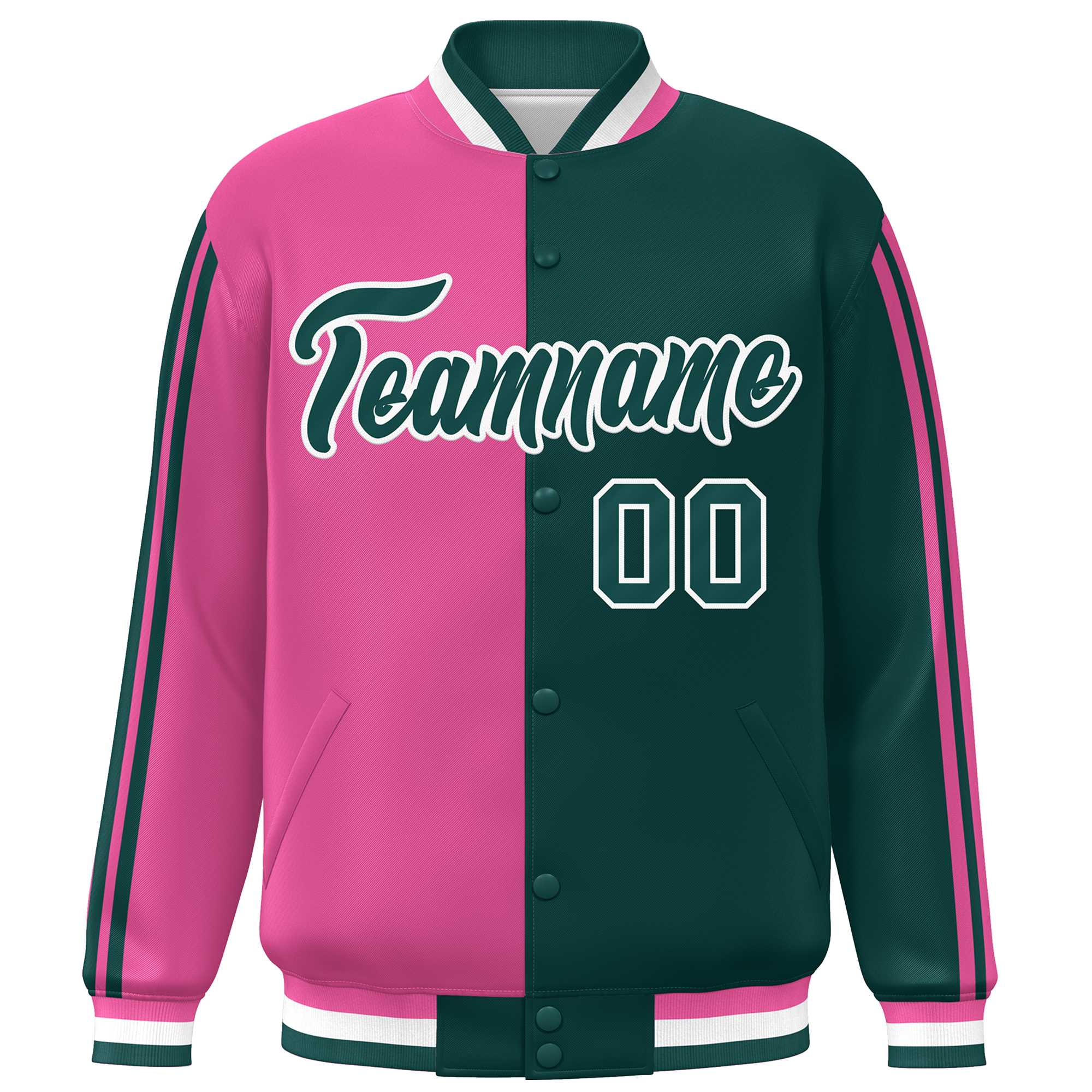 Custom Midnight Green Pink-White Two Tone Color Block Bomber Varsity Baseball Jacket