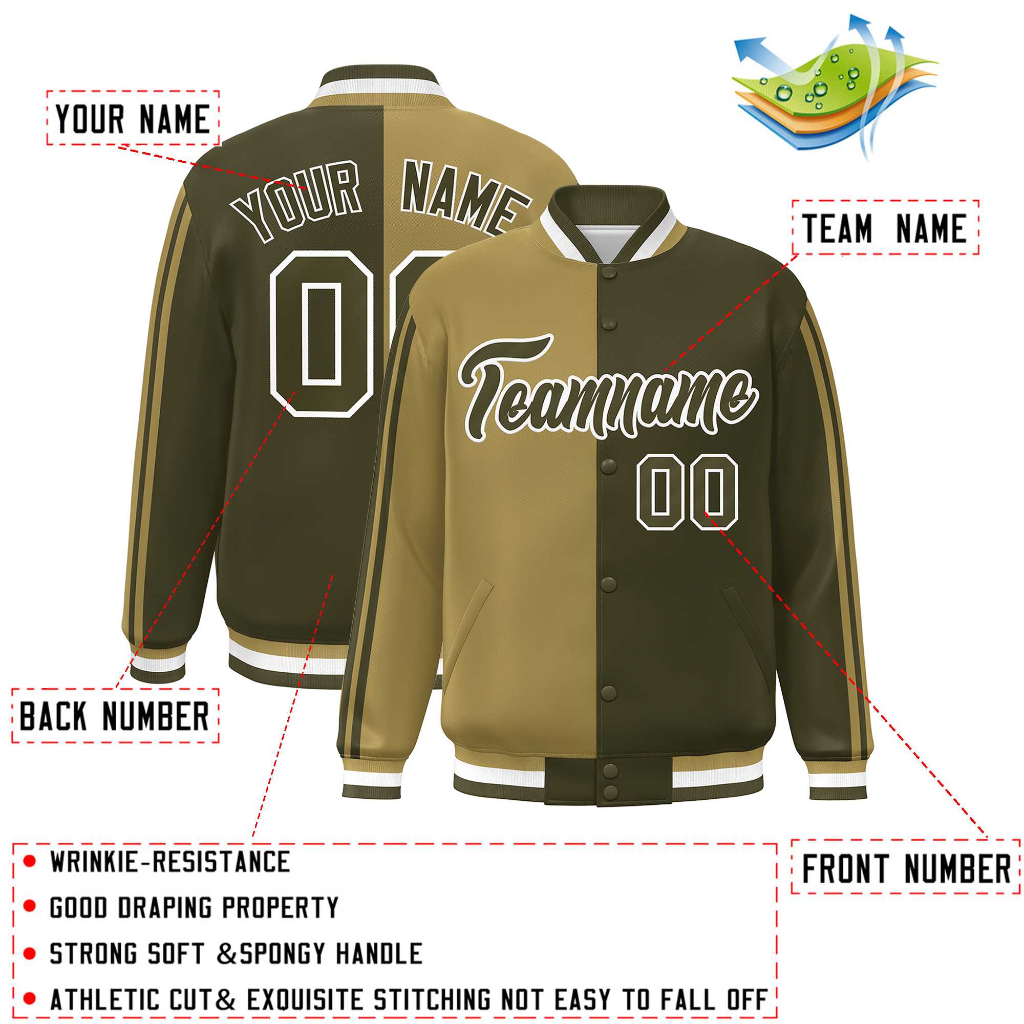 Custom Olive Desert Yellow-White Two Tone Color Block Bomber Varsity Baseball Jacket