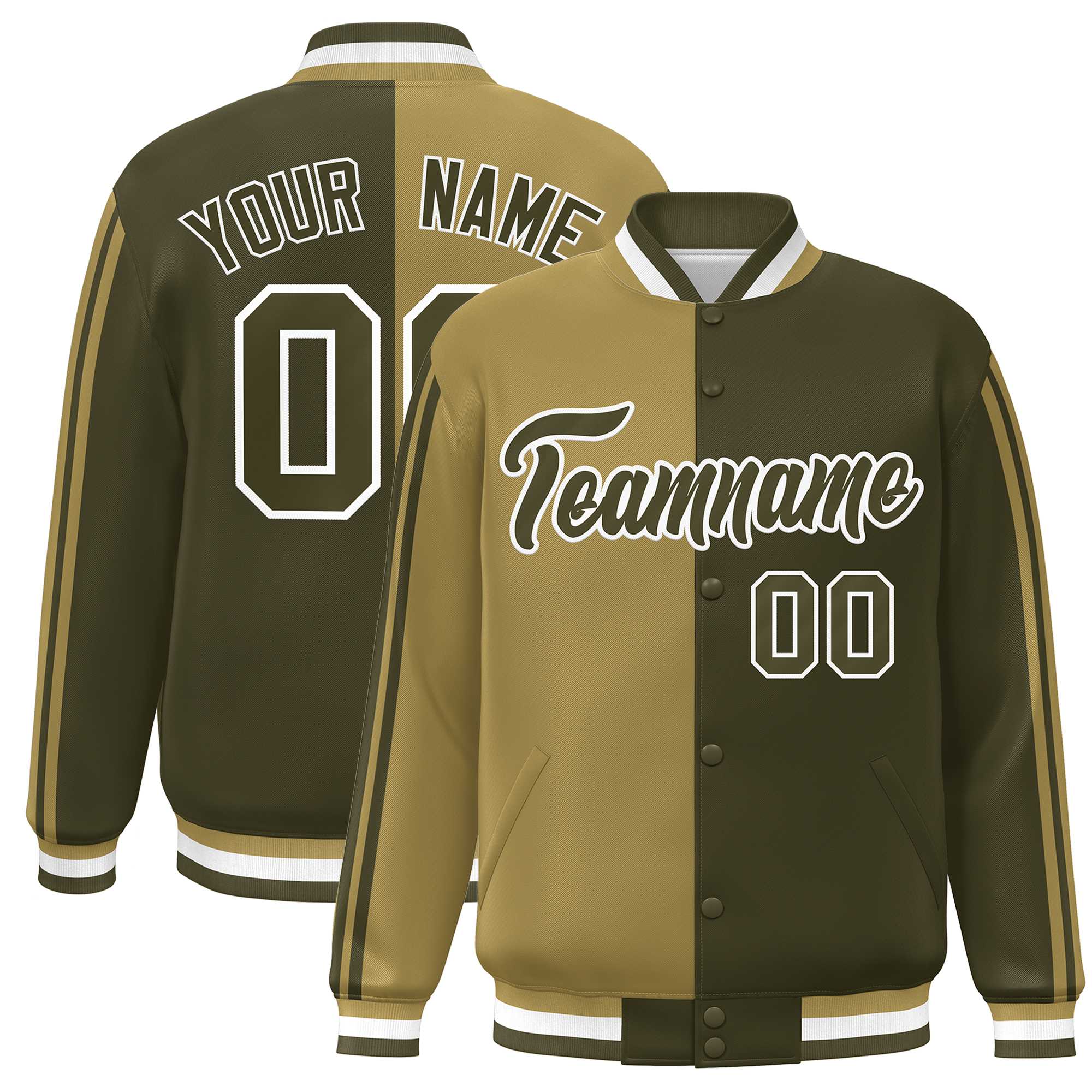 Custom Olive Desert Yellow-White Two Tone Color Block Bomber Varsity Baseball Jacket