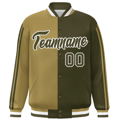 Custom Olive Desert Yellow-White Two Tone Color Block Bomber Varsity Baseball Jacket